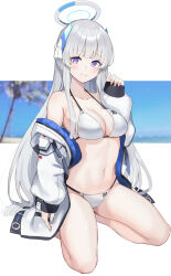 Rule 34 | 1girl, arm at side, bikini, bikini under clothes, blue archive, blush, breasts, cleavage, closed mouth, collarbone, commentary, fingernails, grey hair, halo, hand up, headphones, highres, isegawa yasutaka, jacket, long hair, long sleeves, looking at viewer, mechanical halo, medium breasts, navel, noa (blue archive), off shoulder, open clothes, open jacket, puffy long sleeves, puffy sleeves, purple eyes, seiza, sitting, sleeves past wrists, smile, solo, stomach, swimsuit, two-sided fabric, two-sided jacket, very long hair, white bikini, white jacket