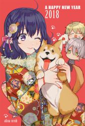 Rule 34 | 2018, dog, happy new year, japanese clothes, kimono, new year, original, purple hair, rinhachi, short hair
