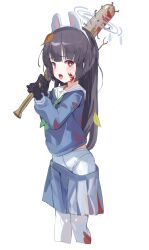 Rule 34 | 1girl, absurdres, baseball bat, black gloves, black hair, blue archive, cropped legs, feet out of frame, ggab0621, gloves, grey halo, halo, highres, holding, holding baseball bat, long hair, long sleeves, looking at viewer, miyu (blue archive), open mouth, red eyes, simple background, solo, tagme, tongue, tongue out, white background