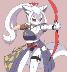 Rule 34 | 1girl, animal ears, black panties, bow (weapon), brown gloves, brown skirt, closed mouth, commentary request, cowboy shot, frown, furry, furry female, gloves, grey skirt, hair ribbon, hakurou (onmyoji), high ponytail, holding, holding bow (weapon), holding weapon, lets0020, looking at viewer, muneate, onmyoji, panties, pink ribbon, pleated skirt, red eyes, ribbon, shirt, short sleeves, simple background, skirt, solo, tail, underwear, v-shaped eyebrows, weapon, white hair, white shirt, wolf ears, wolf girl, wolf tail