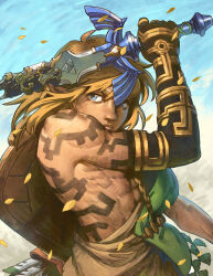 Rule 34 | 1boy, absurdres, archaic set (zelda), arm up, arrow (projectile), black skin, blue eyes, closed mouth, colored skin, from side, highres, holding, holding weapon, link, looking at viewer, male focus, malin falch, master sword, nintendo, petals, quiver, shield, shoulder tattoo, single bare shoulder, solo, tattoo, the legend of zelda, the legend of zelda: tears of the kingdom, upper body, weapon