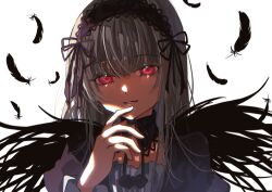 Rule 34 | 1girl, absurdres, black collar, black dress, black hairband, black ribbon, black wings, blunt bangs, collar, commentary request, detached collar, dress, feathered wings, feathers, frilled hairband, frills, gothic lolita, grey hair, hair ribbon, hairband, highres, lolita fashion, lolita hairband, long hair, looking at viewer, matsu matsu55, neck ribbon, parted lips, portrait, red eyes, ribbon, rozen maiden, simple background, smile, solo, suigintou, white background, wings