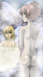 Rule 34 | 00s, 2girls, ass, back, blonde hair, blue eyes, cagalli yula athha, covering privates, eyebrows hidden by hair, from behind, gundam, gundam seed, gundam seed destiny, hair up, hanzou, lacus clyne, multiple girls, nude cover, onsen, pink hair, profile, rock, short hair, sitting, standing, steam, submerged, thigh gap, thighs, towel, water, yellow eyes