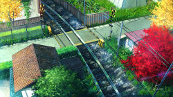 Rule 34 | fence, from above, house, niko p, no humans, original, railroad crossing, railroad tracks, revision, rooftop, scenery, tree