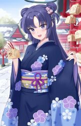 Rule 34 | 1girl, absurdres, blue archive, blush, commentary, day, ema, floral print, halo, highres, japanese clothes, kimono, kyujuukyu, long hair, long sleeves, mechanical halo, obi, open mouth, outdoors, peroro (blue archive), print kimono, purple eyes, purple kimono, sash, smile, solo, wide sleeves, yuuka (blue archive)