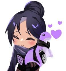 Rule 34 | 1girl, ^ ^, apex legends, black bodysuit, black hair, black scarf, blush, bodysuit, chibi, closed eyes, hair bun, heart, holding, holding stuffed toy, nessie (respawn), hugging object, parted bangs, same-tan, scarf, solo, stuffed toy, white background, wraith (apex legends)