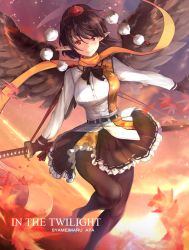 Rule 34 | 1girl, autumn leaves, belt, black hair, black pantyhose, black ribbon, black skirt, black wings, blush, breasts, buttons, collared shirt, commentary request, feathered wings, feathers, frilled skirt, frills, geta, gloves, hat, headwear request, katana, kunreishiki, large breasts, leaf, long sleeves, maple leaf, miniskirt, orange scarf, outdoors, pantyhose, patterned clothing, pointy ears, pom pom (clothes), red eyes, ribbon, romaji text, scabbard, scarf, shameimaru aya, sheath, shirt, short hair, skirt, sky, smile, solo, star (sky), starry sky, sword, tengu, tengu-geta, tokin hat, touhou, typo, untue, weapon, white shirt, wings