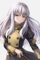 Rule 34 | 1girl, buttons, commentary, fire emblem, fire emblem: three houses, floating hair, garreg mach monastery uniform, juliet sleeves, long hair, long sleeves, looking at viewer, lysithea von ordelia, nintendo, parted lips, pink eyes, puffy sleeves, simple background, solo, ten (tenchan man), uniform, white background, white hair