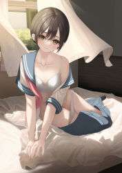 Rule 34 | 1girl, bare shoulders, black hair, black socks, blue sailor collar, blue skirt, bra, breasts, brown eyes, closed mouth, clothes pull, collarbone, commentary request, curtains, eyebrows hidden by hair, full body, groin, hair between eyes, highres, indoors, looking at viewer, mottsun (i 40y), no shoes, off shoulder, on bed, open clothes, open shirt, open window, original, panties, panty pull, pleated skirt, sailor collar, shirt, short hair, short sleeves, skirt, skirt pull, small breasts, socks, solo, underwear, white bra, white panties, white shirt, window