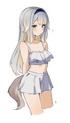 Rule 34 | 1girl, animal ears, arms behind back, bare shoulders, bikini, bikini top only, blonde hair, blue hairband, blush, breasts, cleavage, closed mouth, collarbone, cropped legs, dot nose, floppy ears, flying sweatdrops, fox ears, fox girl, fox tail, from side, gradient hair, grey hair, h (eitilog), hair intakes, hairband, highres, large breasts, legs together, long hair, looking at viewer, miniskirt, multicolored hair, navel, nijisanji, pleated skirt, shioriha ruri, sidelocks, simple background, skirt, solo, stomach, straight hair, swimsuit, tail, thighs, virtual youtuber, white background, white bikini, white skirt