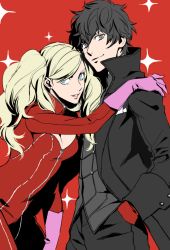 Rule 34 | 10s, 1boy, 1girl, amamiya ren, black gloves, black hair, blonde hair, blue eyes, bodysuit, breasts, cleavage, cowboy shot, curly hair, gloves, grey eyes, hand in pocket, lips, looking at viewer, minato (robin), persona, persona 5, pink gloves, red background, simple background, smile, swept bangs, takamaki anne, twintails