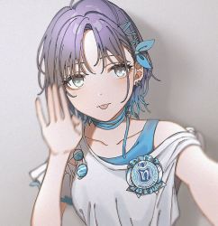 Rule 34 | 1girl, :p, ahoge, asakura toru, asymmetrical sleeves, blue hair, blurry, clothes pull, collarbone, earrings, expressionless, gradient hair, grey background, hand up, idol, idolmaster, idolmaster shiny colors, iwawa, jewelry, looking at viewer, multicolored hair, noctchill (idolmaster), parted bangs, purple hair, selfie, shirt pull, short hair, simple background, solo, tongue, tongue out, upper body