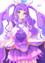 Rule 34 | 1girl, absurdres, aqua eyes, brooch, closed mouth, clothing cutout, colored skin, commentary, cowboy shot, cure majesty, dress, earclip, ellee-chan, gloves, half-dress, heart, highres, hirogaru sky! precure, jewelry, layered skirt, long hair, looking at viewer, magical girl, miniskirt, pleated skirt, precure, purple dress, purple hair, purple skin, short sleeves, shoulder cutout, sidelocks, skirt, skirt hold, smile, solo, standing, sugimura mickey, thighhighs, two side up, very long hair, wavy hair, white gloves, wing brooch, wing hair ornament