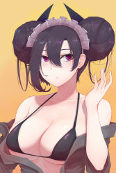 Rule 34 | 1girl, agent (girls&#039; frontline), asymmetrical hair, bikini, bikini under clothes, black bikini, black hair, breasts, chinese commentary, commentary request, double bun, girls&#039; frontline, hand up, highres, large breasts, long hair, looking to the side, maid headdress, messy hair, off-shoulder shirt, off shoulder, orange background, pao mian+dan, purple eyes, sangvis ferri, shirt, solo, swimsuit, upper body