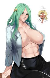 Rule 34 | 2girls, abs, absurdres, breasts, catherine (fire emblem), cleavage, fire emblem, fire emblem: three houses, green hair, highres, huge breasts, mature female, multiple girls, muscular, muscular female, nintendo, no bra, office lady, open clothes, open shirt, rhea (fire emblem), sitting