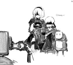 Rule 34 | 1boy, 1girl, bad id, bad twitter id, black dress, black hairband, blindfold, camera, covered eyes, dress, english text, faux traditional media, feather-trimmed sleeves, greyscale, gyullim, hairband, highres, holding, holding camera, mole, mole under mouth, monochrome, nier (series), nier:automata, robot, short hair, simple background, sketch, smile, taking picture, thighhighs, v, white background, 2b (nier:automata), 9s (nier:automata)