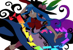 Rule 34 | 1girl, black hat, blue hair, blue skirt, bow, bowtie, food, from side, fruit, furukawa (yomawari), hand on headwear, hand up, hat, hat ornament, hinanawi tenshi, long hair, outstretched arm, peach, red bow, red bowtie, red eyes, shide, shirt, short sleeves, simple background, skirt, smile, solo, touhou, white background, white shirt