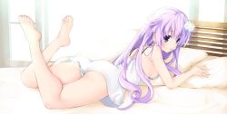 Rule 34 | 1girl, alternate costume, ass, bare shoulders, blush, breasts, d-pad, d-pad hair ornament, from behind, full body, hair ornament, iwashi dorobou -r-, long hair, looking at viewer, lying, medium breasts, nepgear, neptune (series), on bed, on stomach, open mouth, panties, pillow, purple eyes, purple hair, sideboob, solo, striped clothes, striped panties, underwear, very long hair