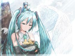 Rule 34 | 1girl, akino coto, aqua eyes, aqua hair, bare shoulders, bird, chibi, chibi on head, chick, closed eyes, crossed arms, detached sleeves, egg, feathers, hachune miku, hatching, hatsune miku, headset, highres, leaf, light rays, md5 mismatch, necktie, nest, next, on head, resolution mismatch, sitting, solo, source smaller, spring onion, sunbeam, sunlight, twintails, vocaloid, wings