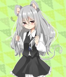 Rule 34 | 1girl, abe suke, alternate hair length, alternate hairstyle, animal ears, black skirt, blush, brown eyes, buttons, collared shirt, cowboy shot, grey hair, hair between eyes, holding, holding own hair, jewelry, long hair, long sleeves, looking at viewer, mouse ears, mouse tail, nazrin, necklace, shirt, sidelocks, skirt, skirt set, solo, tail, touhou, white shirt