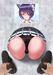 Rule 34 | 1girl, absurdres, ass, ass focus, black legwear, black panties, black skirt, commission, eyepatch, feet, glory wall, highres, immobilization, kantai collection, no shoes, oirin, panties, pixiv commission, purple hair, restrained, skirt, smile, socks, soles, stuck, tenryuu (kancolle), through wall, tickling, tickling feet, underwear, yellow eyes