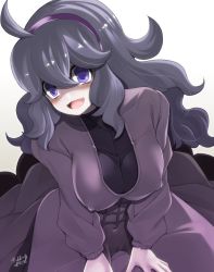Rule 34 | 1girl, :d, @ @, ahoge, alternate breast size, black hair, blush, breasts, covered erect nipples, covered navel, creatures (company), game freak, gradient background, hair between eyes, hairband, hex maniac (pokemon), highres, large breasts, long hair, long sleeves, looking at viewer, nintendo, open mouth, pokemon, pokemon xy, purple eyes, purple hairband, shourin bonzu, signature, smile, solo, white background