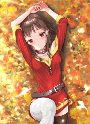 Rule 34 | 1girl, arms up, autumn leaves, bandaged leg, bandages, bare shoulders, belt, belt buckle, black choker, black thighhighs, blush, breasts, brown belt, brown hair, buckle, choker, collarbone, commentary, curled fingers, dress, from above, goldowl, highres, kono subarashii sekai ni shukufuku wo!, leaf, looking at viewer, lying, megumin, off-shoulder dress, off shoulder, on back, parted lips, red dress, red eyes, short dress, short hair, short hair with long locks, sidelocks, single thighhigh, small breasts, solo, thighhighs