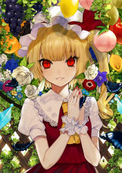 Rule 34 | 1girl, absurdres, anemone (flower), apple, blonde hair, blue flower, bug, butterfly, commentary request, crystal, daimaou ruaeru, eyes visible through hair, flandre scarlet, flower, food, fruit, grapes, grin, hands up, hat, hat ribbon, highres, insect, komeiji koishi, lace-trimmed collar, lace trim, leaf, lemon, long hair, looking at viewer, mob cap, nail polish, one side up, orange (fruit), own hands together, parted lips, peach, pear, puffy short sleeves, puffy sleeves, purple flower, red eyes, red nails, red ribbon, red skirt, red vest, ribbon, rose, shirt, short sleeves, skirt, skirt set, slit pupils, smile, solo, touhou, upper body, vest, white flower, white hat, white rose, white shirt, wings, wrist cuffs, yellow flower