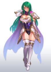 Rule 34 | 1girl, arm behind head, armor, blush, boots, breastplate, breasts, cape, cecilia (fire emblem), cleavage, d.chikusou, detached sleeves, elbow gloves, fire emblem, fire emblem: the binding blade, gloves, gold trim, gradient background, gradient clothes, green eyes, green hair, highres, hip armor, large breasts, leotard, long hair, mature female, nintendo, pauldrons, purple cape, purple leotard, shoulder armor, skin tight, smile, solo, thigh boots, thighs