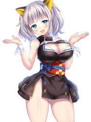 Rule 34 | 1girl, animal ears, black skirt, blue eyes, breasts, cleavage, cleavage cutout, clothing cutout, fake animal ears, hands up, kaguya luna, large breasts, miniskirt, non-web source, shorts, skirt, solo, virtual youtuber, white background, white shorts