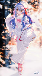 Rule 34 | 1girl, absurdres, alternate hair length, alternate hairstyle, ayanami rei, blue hair, blurry, blurry background, bow, closed mouth, commentary, full body, fur collar, grandia lee, hand up, hat, hat bow, highres, jacket, long hair, long sleeves, neon genesis evangelion, outdoors, pink bow, pink ribbon, pink socks, rebuild of evangelion, red bow, red eyes, ribbon, signature, skirt, sleeves past fingers, sleeves past wrists, snow, socks, solo, sweater, white hat, white jacket, white skirt, white socks, white sweater