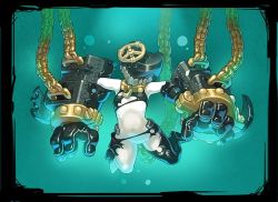 Rule 34 | 10s, 1girl, abyssal ship, black gloves, chain, chaki (teasets), colored skin, commentary request, gloves, kantai collection, machinery, pale skin, single thighhigh, solo, thighhighs, torn clothes, tsu-class light cruiser, underwater, water, white skin