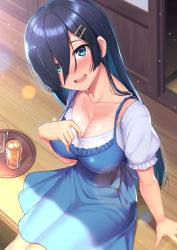 Rule 34 | 1girl, :d, arm at side, black hair, blue dress, blue eyes, blue ribbon, blush, breasts, cleavage, collarbone, commentary request, cup, day, dress, drink, drinking glass, frilled dress, frilled sleeves, frills, hair ornament, hair over one eye, hairclip, hand on own chest, highres, ice, ice cube, kouzuki tsubasa (musou kaidou), large breasts, lens flare, long hair, looking at viewer, moe2020, on floor, open mouth, original, outdoors, puffy short sleeves, puffy sleeves, ribbon, round teeth, shirt, short sleeves, sitting, smile, solo, straight hair, sweat, teeth, tray, upper teeth only, very long hair, white shirt, wooden floor