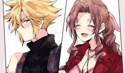 Rule 34 | 1boy, 1girl, aerith gainsborough, armor, blonde hair, blue eyes, blush, braid, breasts, brown hair, choker, cleavage, cloud strife, curly hair, dress, earrings, closed eyes, final fantasy, final fantasy vii, final fantasy vii remake, jacket, jewelry, naho (pi988y), necklace, open mouth, pink dress, red jacket, ribbon, shoulder armor, spiked hair, square enix, suspenders, turtleneck, white background