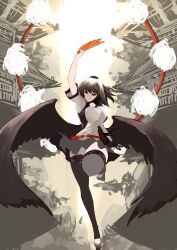 Rule 34 | 1girl, absurdres, belt, bird wings, black hair, black skirt, black thighhighs, black wings, breasts, closed mouth, commentary request, full body, geta, hand fan, hat, hauchiwa, highres, holding, holding fan, ishida kazuma, large breasts, looking at viewer, outdoors, pom pom (clothes), red eyes, red hat, shameimaru aya, shirt, short hair, short sleeves, skirt, solo, tengu-geta, thighhighs, tokin hat, touhou, white shirt, wings