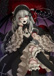 Rule 34 | 1girl, black dress, black hairband, crossed legs, cup, demon wings, doll joints, dress, drinking glass, fangs, frilled sleeves, frills, gothic lolita, grey hair, hairband, halloween, halloween costume, highres, holding, holding cup, joints, kiru (m putorius), lolita fashion, lolita hairband, long hair, looking at viewer, open mouth, purple eyes, rozen maiden, sitting, solo, suigintou, teeth, wide sleeves, wine glass, wings