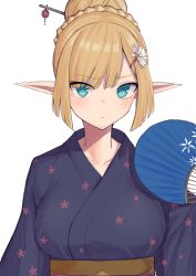 Rule 34 | 1girl, blonde hair, blue kimono, blunt bangs, blush, braid, breasts, closed mouth, elf, elfenlied22, french braid, green eyes, hair bun, hair ornament, hairclip, hairpin, hand fan, highres, japanese clothes, kimono, large breasts, long hair, long sleeves, looking at viewer, original, paper fan, pointy ears, sash, simple background, single hair bun, tira (elfenlied22), white background
