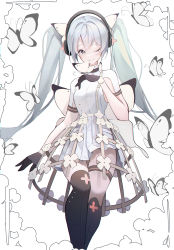 Rule 34 | 1girl, absurdres, armpit cutout, bad id, bad pixiv id, blue eyes, blue hair, blush, boots, bug, butterfly, butterfly hair ornament, butterfly on hand, clothing cutout, crinoline, dress, e name, flower, gloves, hair ornament, hand up, hatsune miku, headphones, high collar, highres, insect, knee boots, long hair, looking to the side, one eye closed, pleated dress, short sleeves, skirt, smile, solo, suspender skirt, suspenders, thigh strap, twintails, very long hair, vocaloid