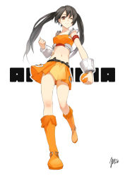 Rule 34 | 1girl, arancia, bare shoulders, black hair, boots, character name, food, fruit, full body, holding, holding food, holding fruit, legs, long hair, looking at viewer, midriff, miniskirt, miz, navel, one eye closed, orange (fruit), orange skirt, orange theme, original, signature, skirt, smile, solo, twintails, white background, wink
