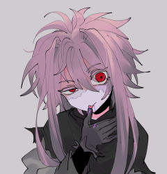 Rule 34 | 1boy, black shawl, black shirt, blood, blood from mouth, blood on clothes, colored blood, commentary request, gloves, grey background, grey gloves, grey shirt, hair intakes, layered sleeves, long sleeves, male focus, nijou ryuu, nu (qjqmfqjqmf02), patchwork skin, pink hair, purple blood, saibou shinkyoku, shawl, shirt, short hair with long locks, sketch, solo, tongue, tongue out, torn clothes, uneven eyes, upper body
