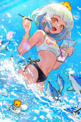 Rule 34 | 1girl, :d, animal, bare shoulders, bikini, black bikini, black collar, blue sky, breasts, canking, collar, commentary request, day, dolphin, earrings, grey hair, hands up, highres, holding, holding stylus, hoop earrings, jewelry, navel, open mouth, orange eyes, original, outdoors, revision, side-tie bikini bottom, sky, small breasts, smile, solo, standing, stylus, swimsuit, tablet pc, teeth, upper teeth only, water