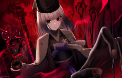 Rule 34 | 1girl, black eyes, blood, bloody tears, cup, darkness, disembodied hand, fate/grand order, fate (series), fingernails, grey hair, hat, highres, ironatsuki, japanese clothes, kimono, red background, sen no rikyu (fate), sen no rikyu (second ascension) (fate), tea, yunomi