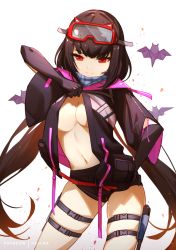 Rule 34 | 1girl, bat (animal), black gloves, black hair, black jacket, black shorts, blush, breasts, cleavage, elbow gloves, faicha, fate/grand order, fate (series), gloves, goggles, goggles on head, hand on own hip, holster, jacket, large breasts, leg holster, long hair, looking at viewer, medium breasts, navel, no bra, open clothes, origami, osakabehime (fate), osakabehime (swimsuit archer) (fate), osakabehime (swimsuit archer) (first ascension) (fate), red eyes, shorts, simple background, ski goggles, smile, solo, standing, tsurime, twintails, undressing, very long hair, wide sleeves