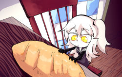 Rule 34 | 10s, 1girl, abyssal ship, aircraft carrier oni, bread, chair, chibi, claws, colored skin, food, gauntlets, kantai collection, long hair, meme, one side up, setz, solo, table, white hair, white skin, yellow eyes