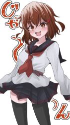 Rule 34 | 1girl, anchor symbol, badge, black sailor collar, black thighhighs, blush, brown eyes, brown hair, cowboy shot, fang, hair ornament, hairclip, highres, ikazuchi (kancolle), kantai collection, long sleeves, military uniform, naval uniform, neckerchief, open mouth, pleated skirt, red neckerchief, ryouki (34388923), sailor collar, school uniform, serafuku, short hair, skirt, smile, thighhighs, uniform