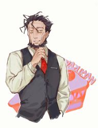 Rule 34 | 1boy, alternate costume, beard, black hair, black vest, breast pocket, character name, collared shirt, commentary request, contemporary, cropped torso, facial hair, food, formal, hair slicked back, hand in pocket, hand on own chin, hand up, highres, long sleeves, looking at viewer, made in abyss, male focus, necktie, parted lips, pie, pie slice, pocket, raised eyebrow, red necktie, sansanpai, shirt, smile, solo, vest, waistcoat, wazukyan (human), white background, white shirt, wing collar, yellow eyes