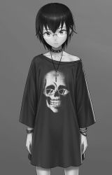 Rule 34 | 1girl, alternate costume, arms at sides, bracelet, casual, closed mouth, collar, collarbone, commentary, commentary request, cross, cross necklace, english commentary, expressionless, flat chest, glasses, goth fashion, grey background, greyscale, highres, ichikawa masahiro, jewelry, komiyama kotomi, long shirt, long sleeves, looking at viewer, mixed-language commentary, monochrome, necklace, print shirt, shirt, short hair, simple background, single bare shoulder, skull print, solo, spiked collar, spikes, standing, watashi ga motenai no wa dou kangaetemo omaera ga warui!