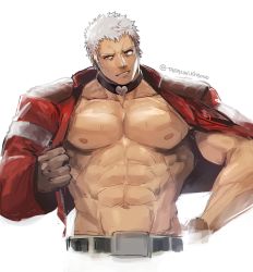 Rule 34 | 1boy, abs, bara, bare pectorals, collar, cropped torso, heart, heart collar, heart print, highres, jacket, jacket on shoulders, large pectorals, long sideburns, male focus, mature male, muscular, muscular male, nanakase yashiro, navel, nipples, pectorals, red jacket, short hair, sideburns, solo, stomach, tamazukiyama, the king of fighters, the king of fighters &#039;97, undressing, upper body, white hair