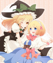 Rule 34 | 2girls, alice margatroid, aoi (annbi), apron, black dress, blonde hair, blue dress, blue eyes, bow, capelet, corset, dress, grin, holding hands, hat, hat bow, kirisame marisa, maid headdress, multiple girls, open mouth, puffy sleeves, sash, short sleeves, smile, touhou, waist apron, wink, witch hat, wrist cuffs, yellow eyes