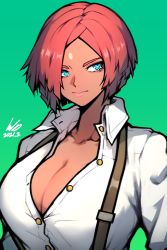 Rule 34 | 1girl, blue eyes, breasts, bursting breasts, cleavage, collared shirt, dark-skinned female, dark skin, dated, ginseng (xin), giovanna (guilty gear), green background, guilty gear, guilty gear strive, hair over one eye, highres, large breasts, lips, parted bangs, partially unbuttoned, red hair, shirt, short hair, signature, solo, suspenders